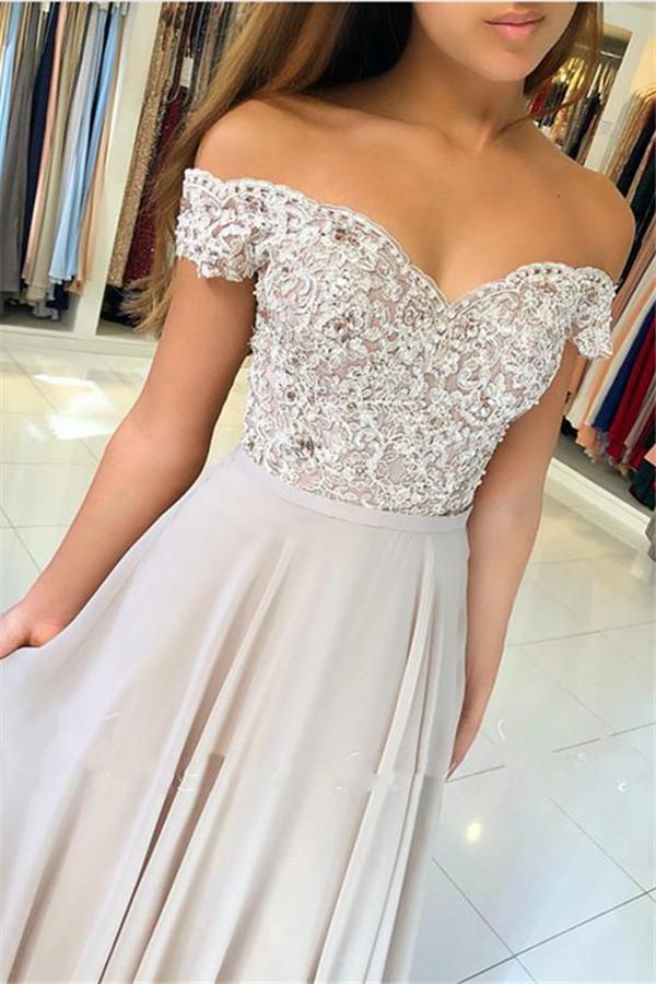 Off-the-Shoulder Lace Prom Dresses Online Sheer Tulle Chiffon Long Formal Evening Gowns with Buttons-Dbrbridal