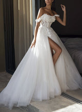 Off-The-Shoulder Lace Tulle Wedding Dress Split Front-Dbrbridal