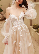 Off-the-Shoulder Lace Tulle Wedding Dresses Detachable Sleeve-Dbrbridal