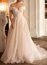 Off-The-Shoulder Lace Tulle Wedding Dresses for Plus Size-Dbrbridal