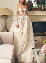 Off-The-Shoulder Long Sleeves Boho Garden Lace Tulle Wedding Dresses-Dbrbridal