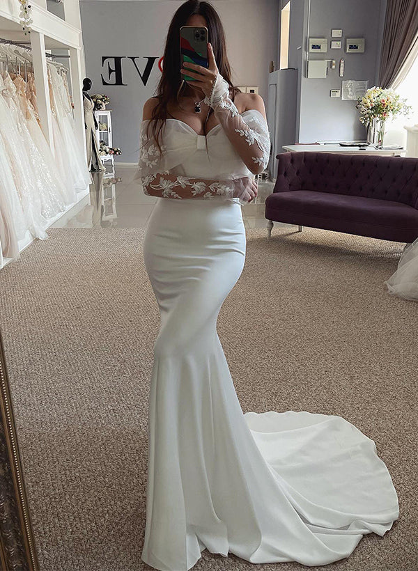 Off-The-Shoulder Long Sleeves Lace Elastic Satin Mermaid Fitted Wedding Dress-Dbrbridal