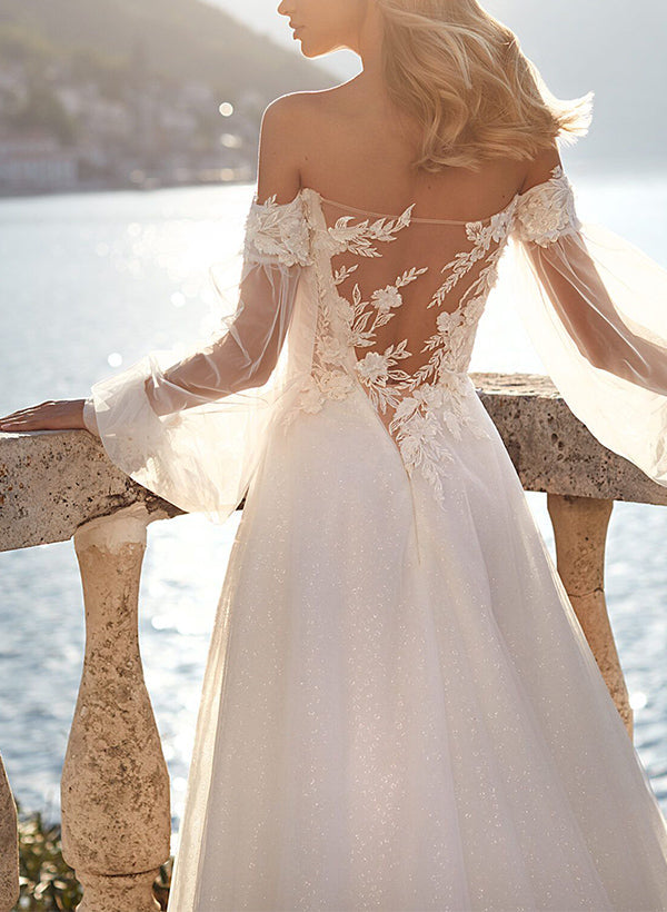 Off-The-Shoulder Long Sleeves Lace Tulle Chic A-line Wedding Dresses-Dbrbridal