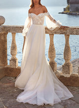 Off-The-Shoulder Long Sleeves Lace Tulle Chic A-line Wedding Dresses-Dbrbridal