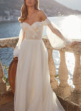 Off-The-Shoulder Long Sleeves Lace Tulle Chic A-line Wedding Dresses-Dbrbridal