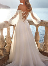 Off-The-Shoulder Long Sleeves Lace Tulle Chic A-line Wedding Dresses-Dbrbridal