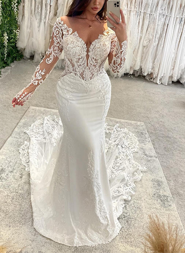 Off-The-Shoulder Long Sleeves Lace Wedding Dresses Mermaid Fitted-Dbrbridal