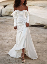 Off-The-Shoulder Long Sleeves Satin Wedding Dresses Sequins-Dbrbridal