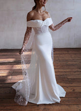 Off-The-Shoulder Long Sleeves Sweep Train Lace Elastic Satin Wedding Dress Lace-Dbrbridal