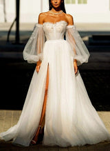 Off-The-Shoulder Long Sleeves Tulle Sweep Train Wedding Dress Sequins Flowers-Dbrbridal