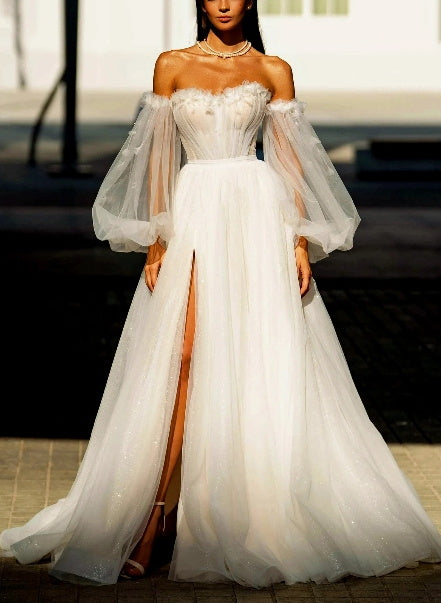 Off-The-Shoulder Long Sleeves Tulle Sweep Train Wedding Dress Sequins Flowers-Dbrbridal