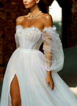 Off-The-Shoulder Long Sleeves Tulle Sweep Train Wedding Dress Sequins Flowers-Dbrbridal