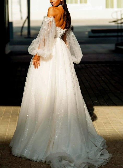 Off-The-Shoulder Long Sleeves Tulle Sweep Train Wedding Dress Sequins Flowers-Dbrbridal