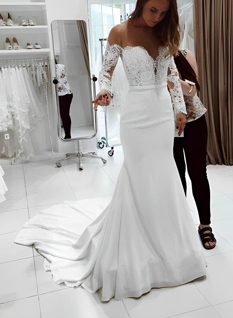 Off-The-Shoulder Mermaid Fitted Lace Elastic Satin Wedding Dress Long Sleeves-Dbrbridal