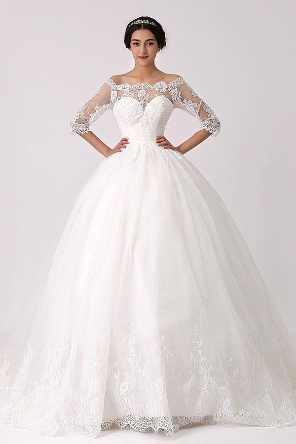 Off The Shoulder Princess Lace Wedding Dress With Illusion Neckline Exclusive-Dbrbridal