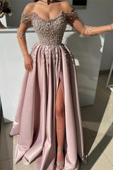 Off-the-Shoulder Prom Dress in Dusty Pink A-Line Style with Slit and Pearls-Dbrbridal