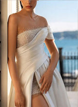Off the shoulder Satin Chic A-line Princess Wedding Dresses Sequins Split Front-Dbrbridal