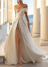 Off the shoulder Satin Chic A-line Princess Wedding Dresses Sequins Split Front-Dbrbridal