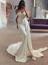 Off-The-Shoulder Satin Sequined Mermaid Fitted Wedding Dresses-Dbrbridal