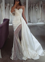 Off-The-Shoulder Satin Sequined Mermaid Fitted Wedding Dresses-Dbrbridal