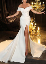 Off-The-Shoulder Satin Wedding Dresses High Split-Dbrbridal