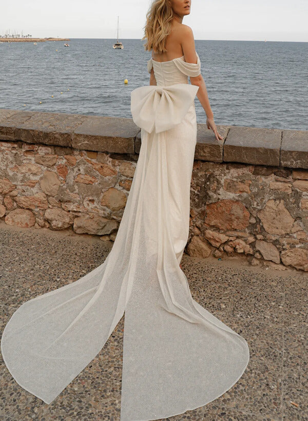 Off-The-Shoulder Sequin Wedding Dress Bow-Dbrbridal