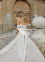 Off-The-Shoulder Sequin Wedding Dress Bow-Dbrbridal