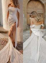 Off-The-Shoulder Sequin Wedding Dress Bow-Dbrbridal