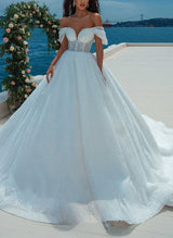 Off-The-Shoulder Sleeveless Ball-Gown Wedding Dress Sweep Train-Dbrbridal