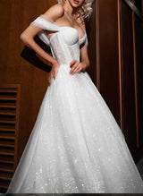 Off-The-Shoulder Sleeveless Ball-Gown Wedding Dress Sweep Train Sequins-Dbrbridal