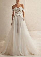 Off-The-Shoulder Sleeveless Court Train Lace Tulle Wedding Dresses-Dbrbridal