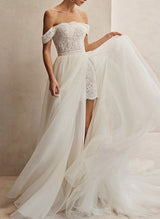 Off-The-Shoulder Sleeveless Detachable Lace Wedding Dresses-Dbrbridal