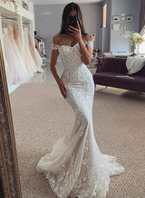 Off-The-Shoulder Sleeveless Lace Wedding Dresses for Mermaid Fitted-Dbrbridal
