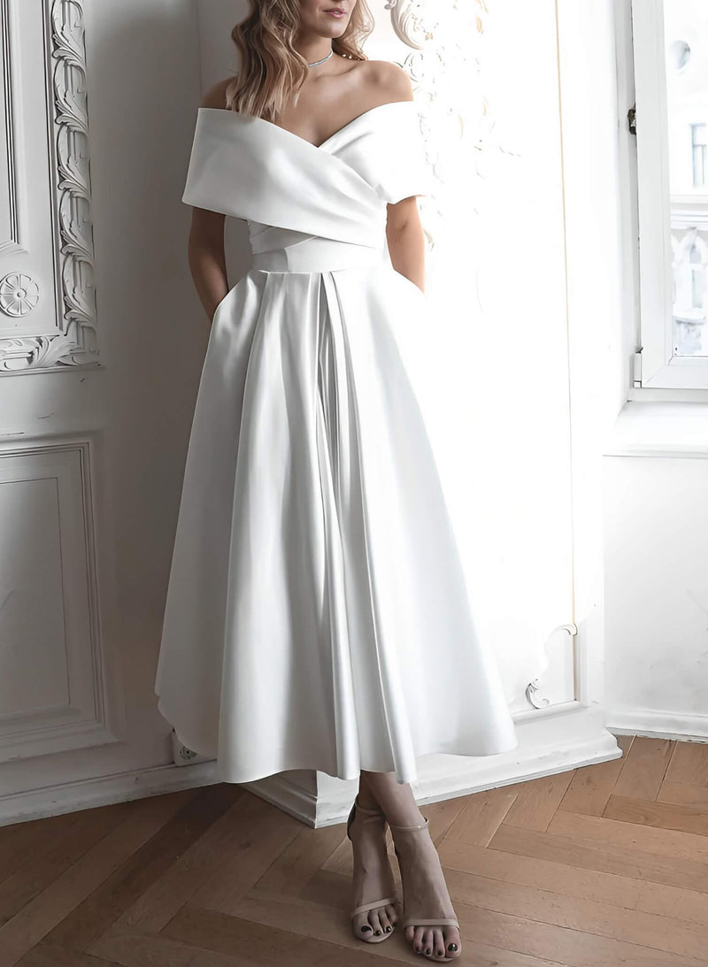 Off-The-Shoulder Sleeveless Satin Tea-Length Wedding Dress-Dbrbridal