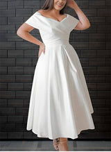 Off-The-Shoulder Sleeveless Satin Tea-Length Wedding Dress-Dbrbridal