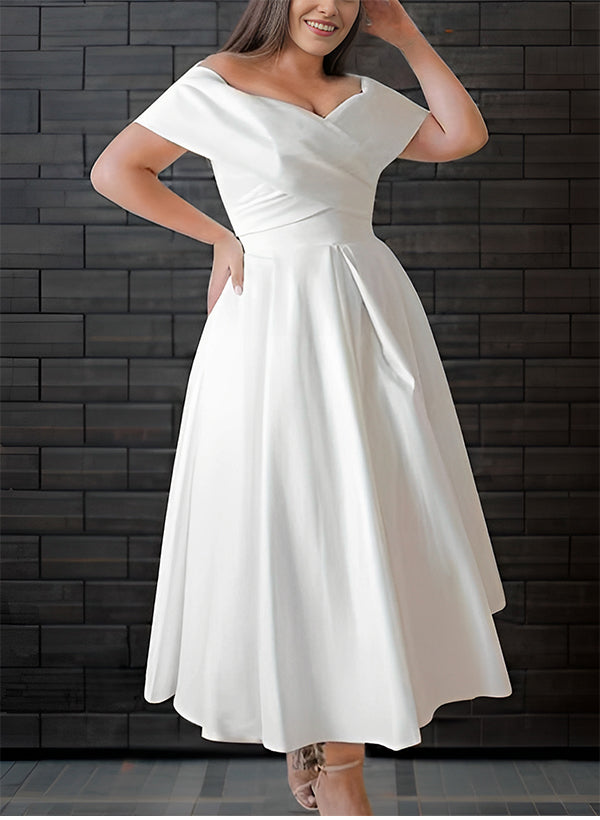 Off-The-Shoulder Sleeveless Satin Tea-Length Wedding Dress-Dbrbridal
