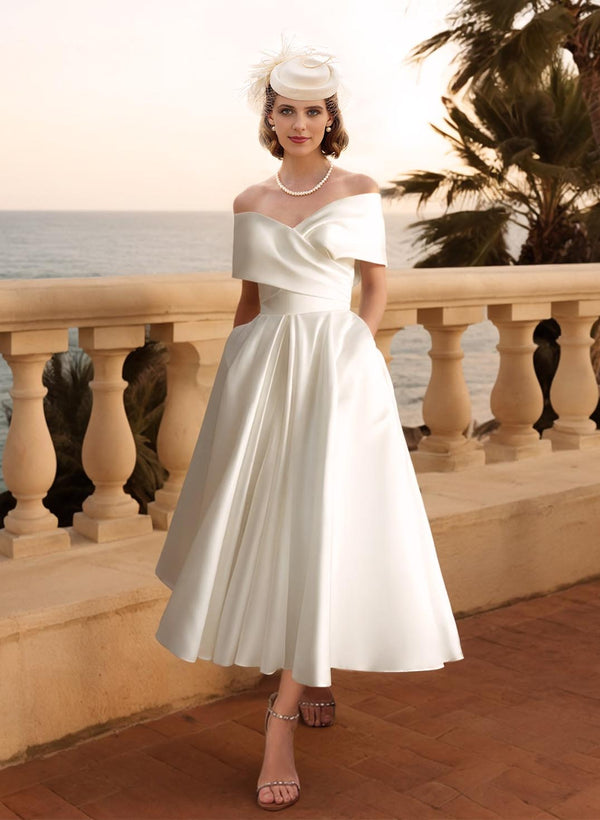 Off-The-Shoulder Sleeveless Satin Tea-Length Wedding Dress-Dbrbridal