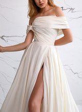 Off-The-Shoulder Sleeveless Satin Wedding Dresses Split Front-Dbrbridal