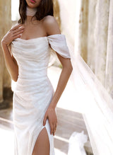 Off-the-Shoulder Sleeveless Sequined Wedding Dress Ruffles-Dbrbridal