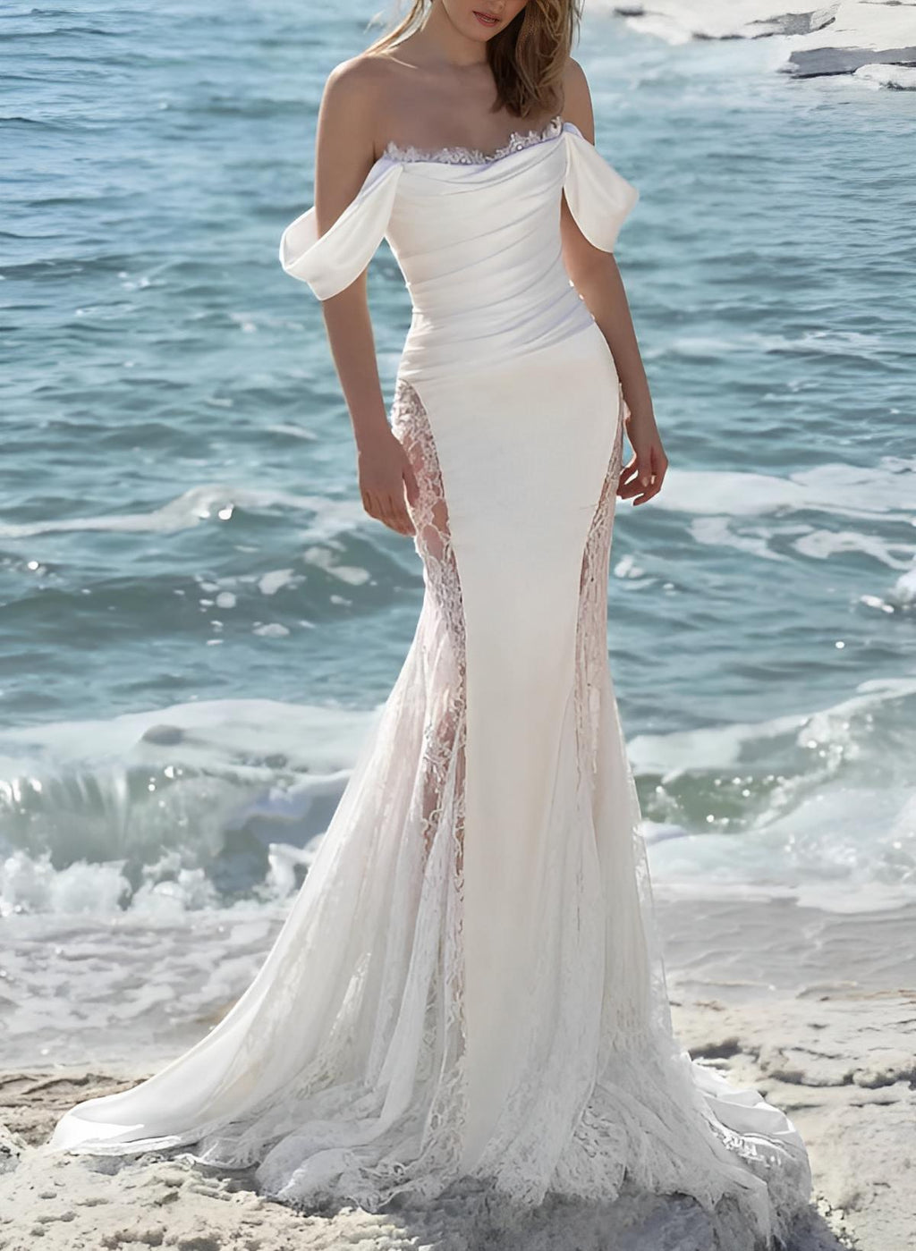 Sweeping Train Off-The-Shoulder Sleeveless Sweep Train Wedding Dresses Lace – Dbrbridal