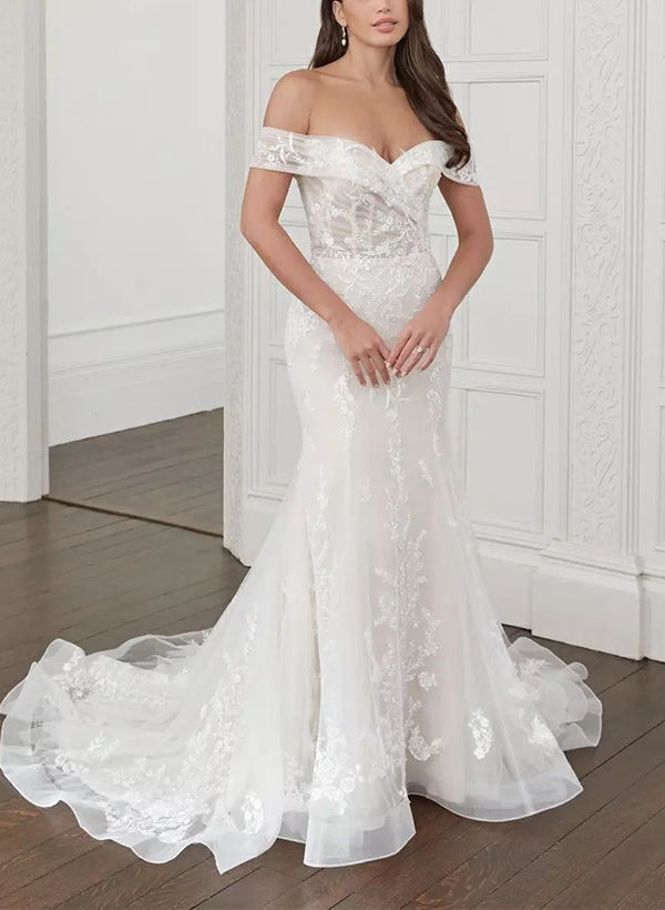 Off-The-Shoulder Sleeveless Tulle Wedding Dresses Mermaid Fitted-Dbrbridal