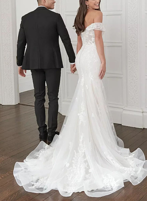 Off-The-Shoulder Sleeveless Tulle Wedding Dresses Mermaid Fitted-Dbrbridal