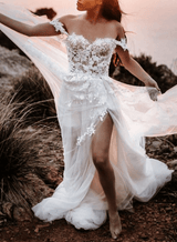 Off-The-Shoulder Slit Boho Garden Lace Wedding Dresses-Dbrbridal