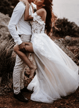 Off-The-Shoulder Slit Boho Garden Lace Wedding Dresses-Dbrbridal