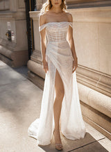 Off-the-Shoulder Sweep Train Sequined Wedding Dress Split Front-Dbrbridal