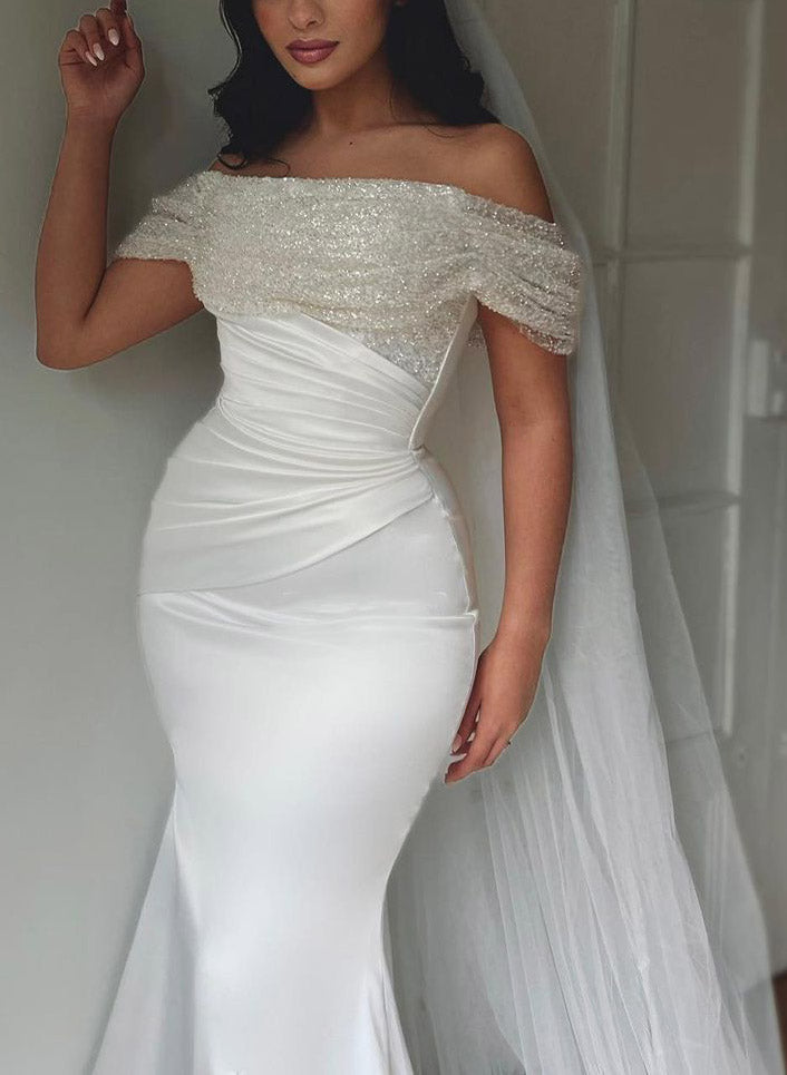 Off-The-Shoulder Trumpet Mermaid Fitted Sequined Wedding Dresses-Dbrbridal
