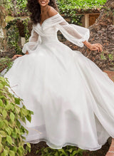 Off-the-Shoulder Wedding Dresses Ball-Gown Flutter Long Sleeves-Dbrbridal
