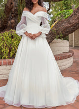 Off-the-Shoulder Wedding Dresses Ball-Gown Flutter Long Sleeves-Dbrbridal