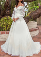 Off-the-Shoulder Wedding Dresses Ball-Gown Flutter Long Sleeves-Dbrbridal