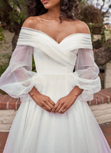 Off-the-Shoulder Wedding Dresses Ball-Gown Flutter Long Sleeves-Dbrbridal